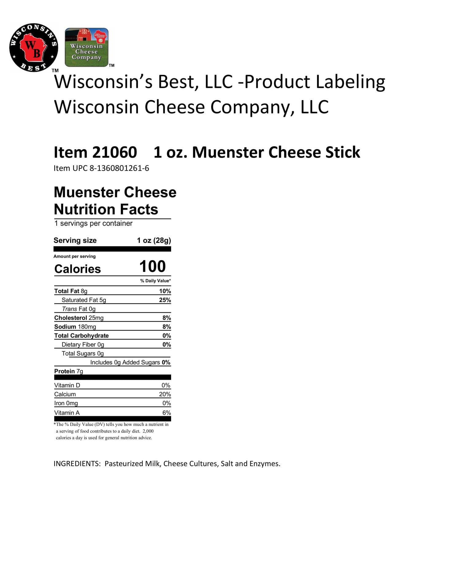 Wisconsin's Best Muenster Cheese Sticks Nutritional Labeling