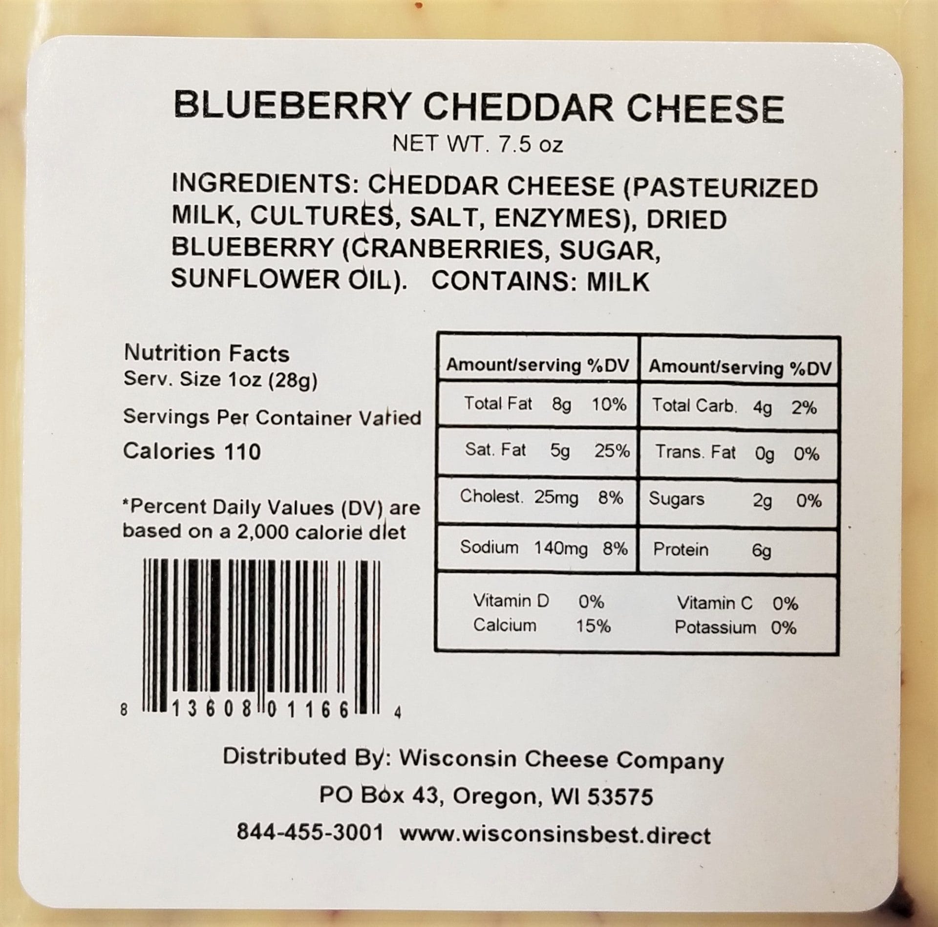 Blueberry Cheddar Cheese Nutritional Label