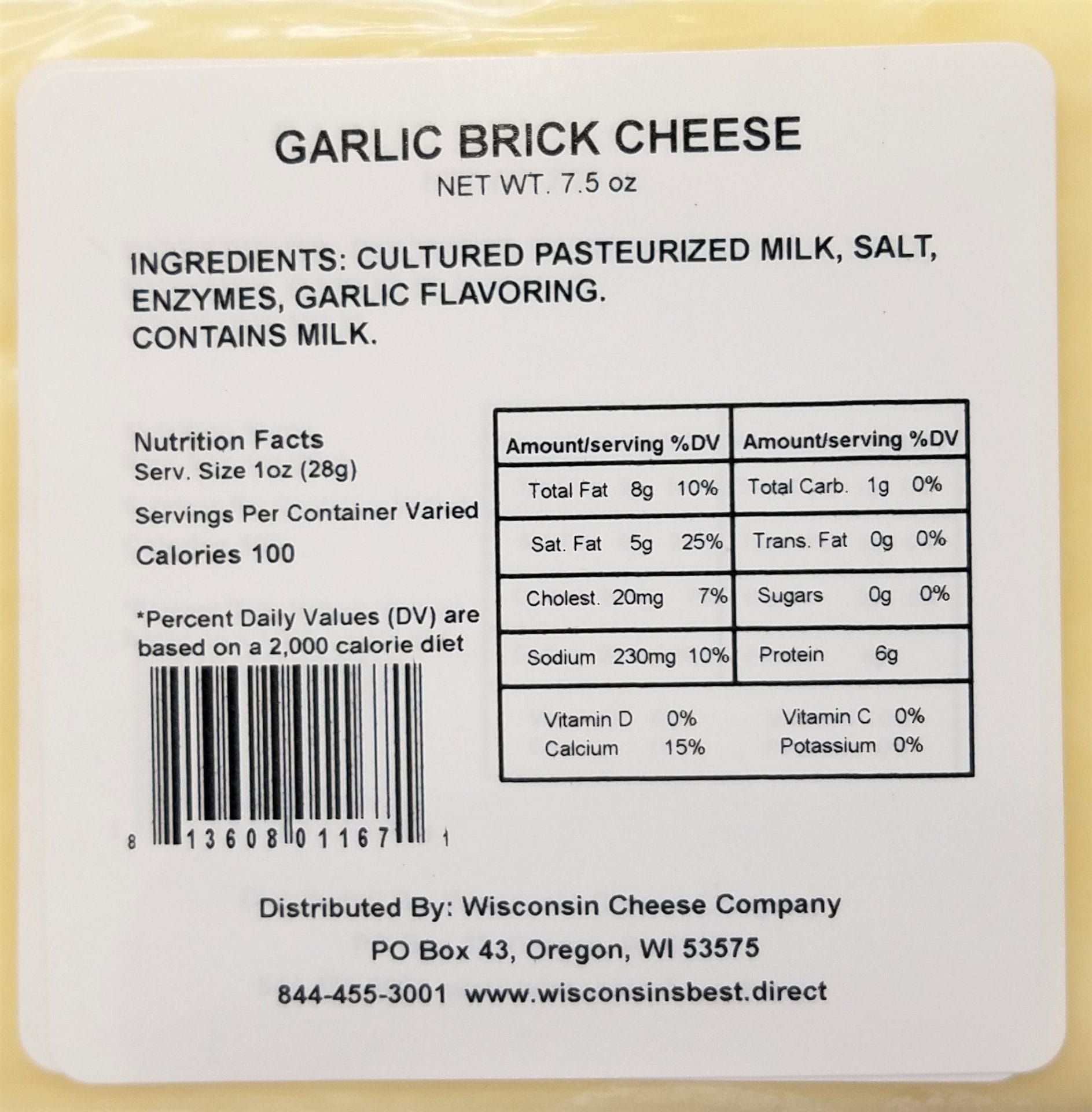 Garlic Brick Cheese Nutritional Label