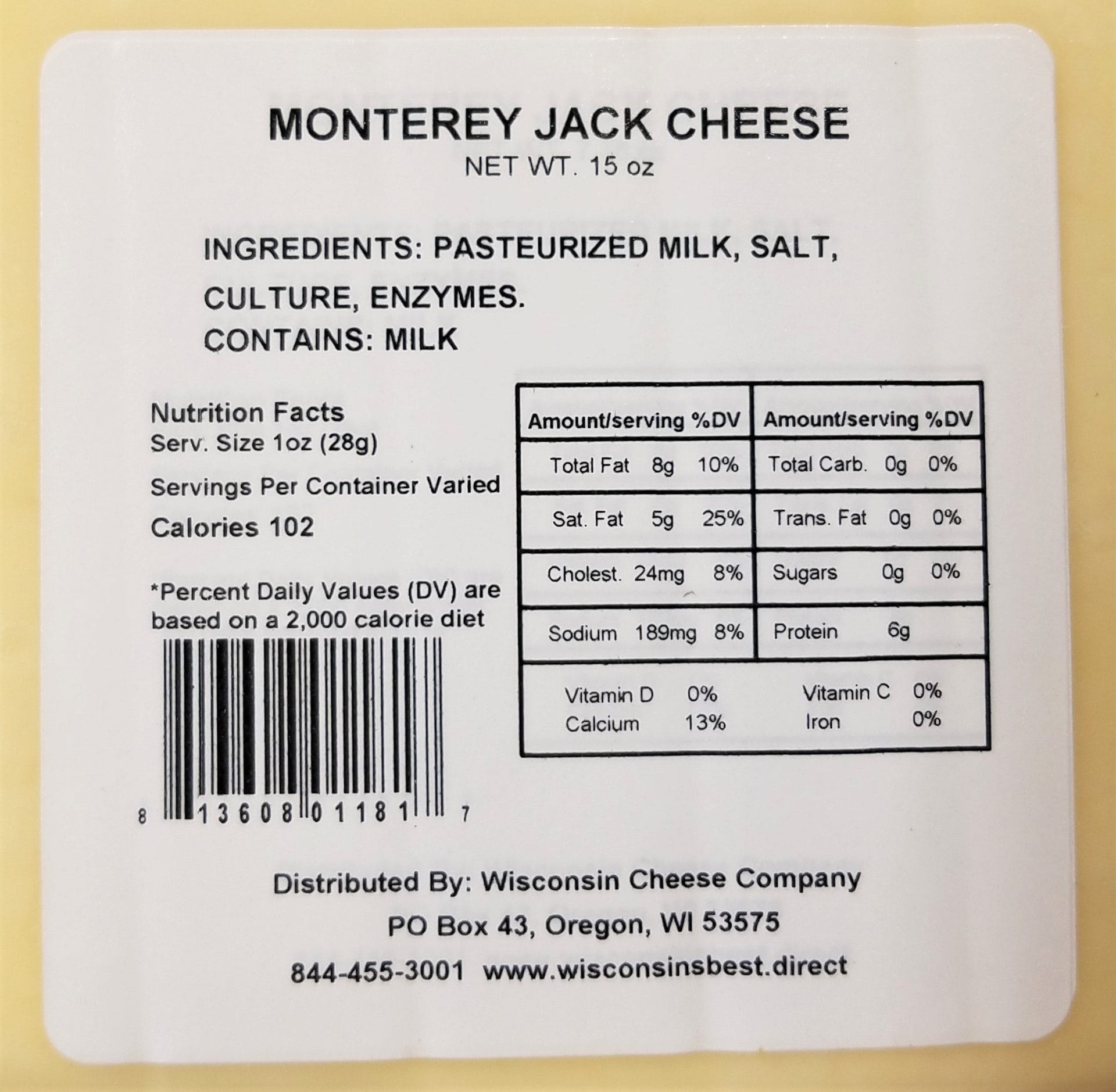 Monetery Jack Cheese Nutritional Label