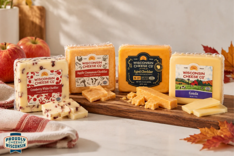 Fall cheese selection with Apple Cinnamon Cheddar, Cranberry White Cheddar, 5-Year Aged Cheddar and Gouda